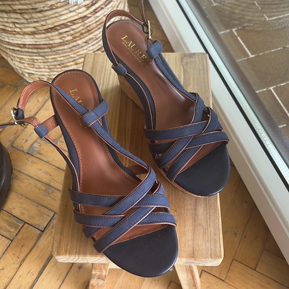 Lauren Ralph Lauren QUAYLIN Navy Blue Peep Toe Cork Wedge Heel Shoes 7 - Picture 3 of 10